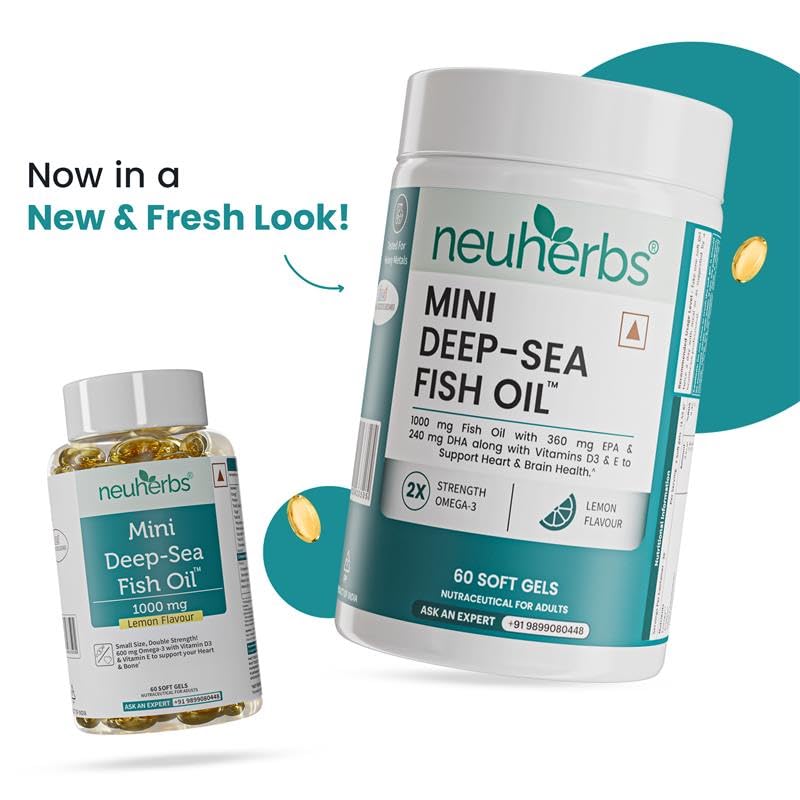 Neuherbs Mini Deep Sea Fish Oil | 1000mg Omega-3 | EPA 360mg & DHA 240mg | Vitamin E & D3 | Heart, Brain, Muscle & Joint Health | Lemon Flavour | 60 Softgels