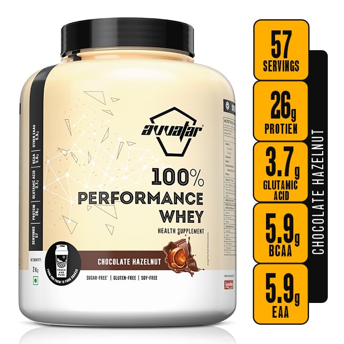 avvatar Performance Whey Protein | 2Kg | Chocolate Hazelnut | 26g Protein | 57 Servings