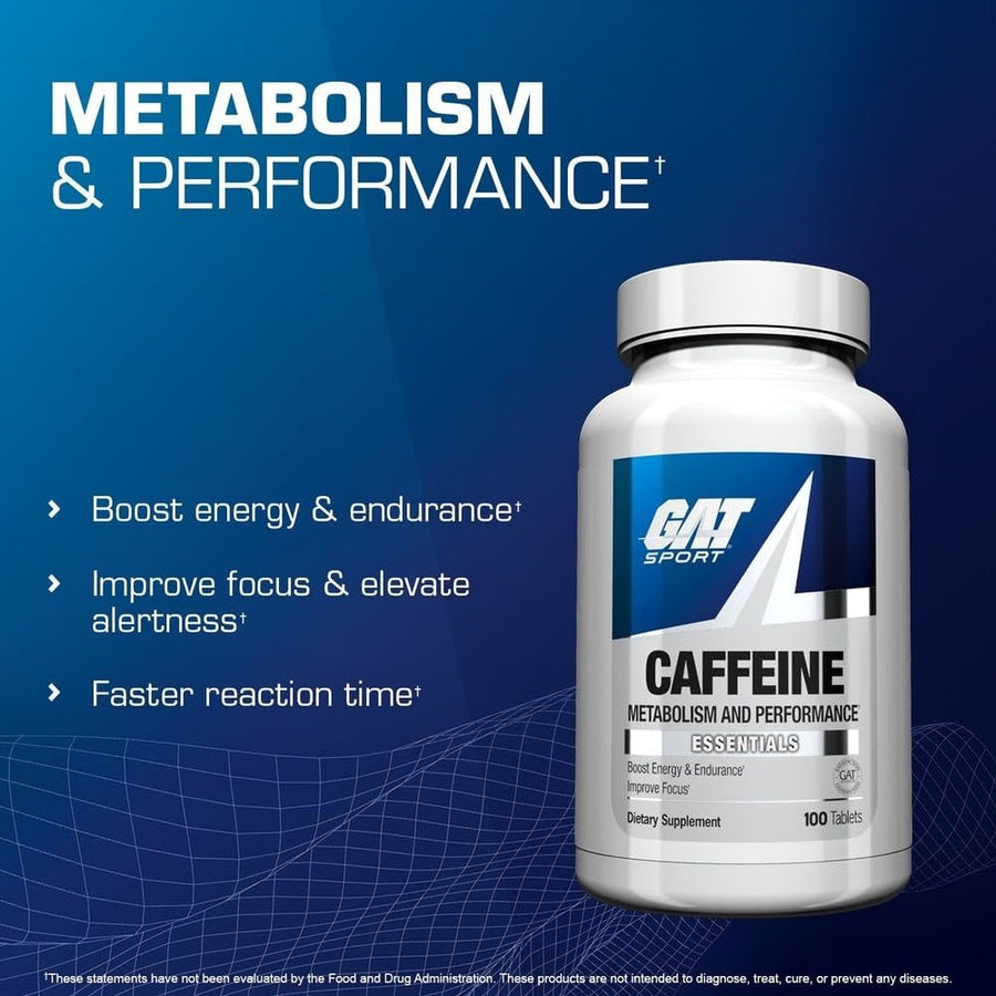 GAT Sport Caffeine Tablets - 100 Tablets | Metabolism and Performance Essentials | Boost Energy & Endurance, Improve Focus