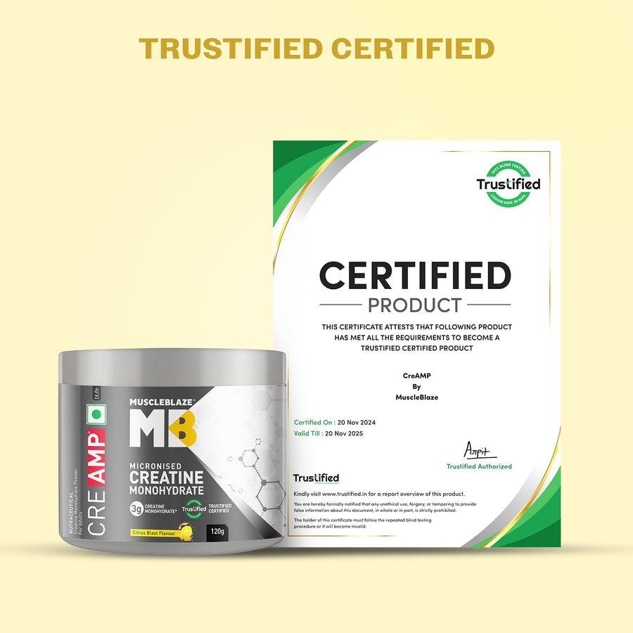 MuscleBlaze CreAMP Micronised Creatine Monohydrate – 120g | Citrus Blast | 30 Servings | 3g Creatine + MB CreAbsorb™ | Trustified Certified | DCD & DHT Free