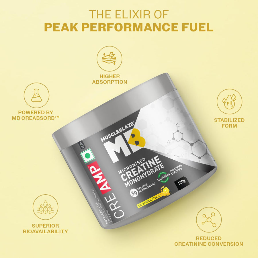 MuscleBlaze CreAMP Micronised Creatine Monohydrate – 120g | Citrus Blast | 30 Servings | 3g Creatine + MB CreAbsorb™ | Trustified Certified | DCD & DHT Free