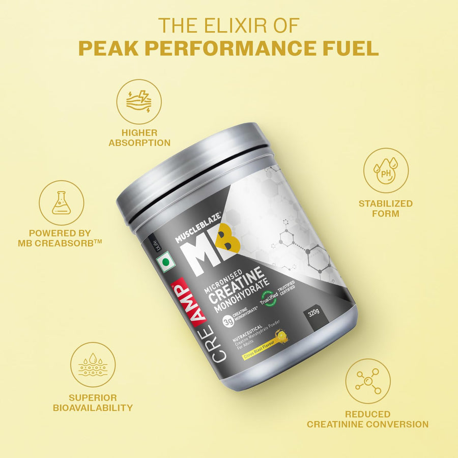 MuscleBlaze CreAMP Creatine Monohydrate | 320g (80 Servings) | Citrus Blast | 4g Creatine