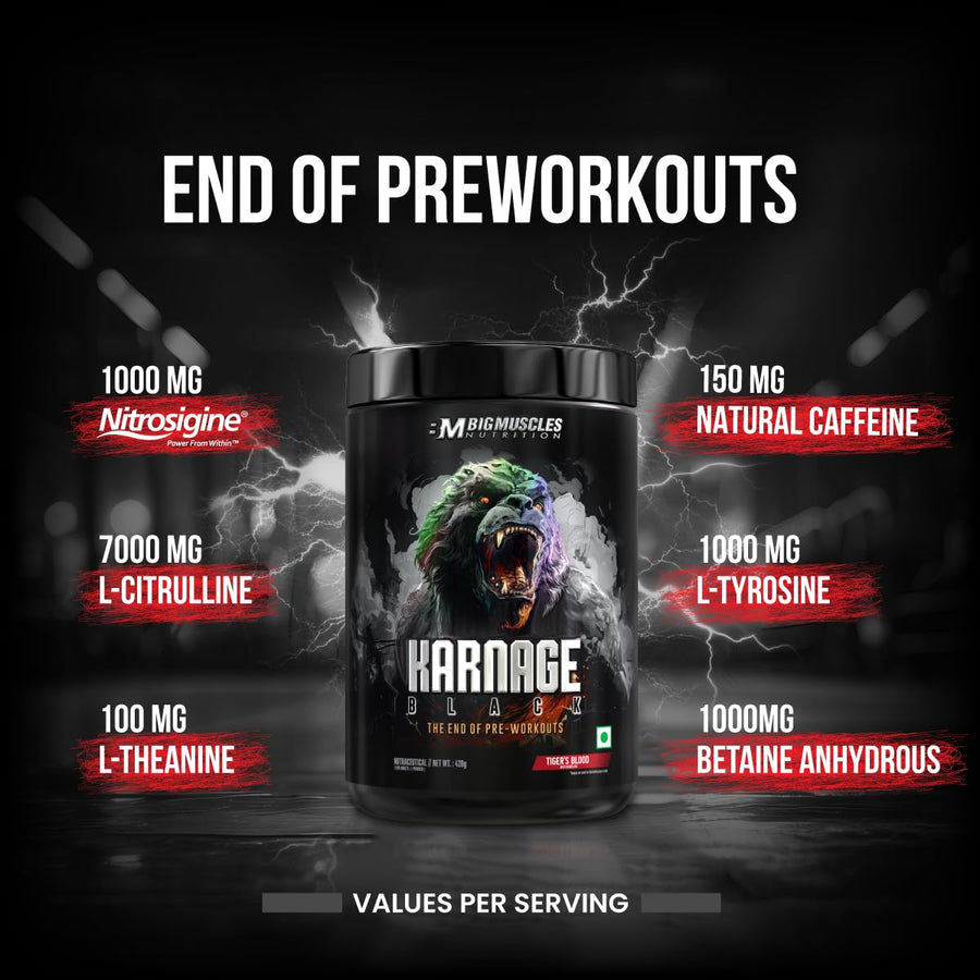 Bigmuscles Nutrition Karnage Black Pre Workout – 420g | 30 Servings | Sex On The Beach | 7000mg L-Citrulline | 150mg Natural Caffeine | 1000mg Nitrosigine® | Soy-Free, Gluten-Free