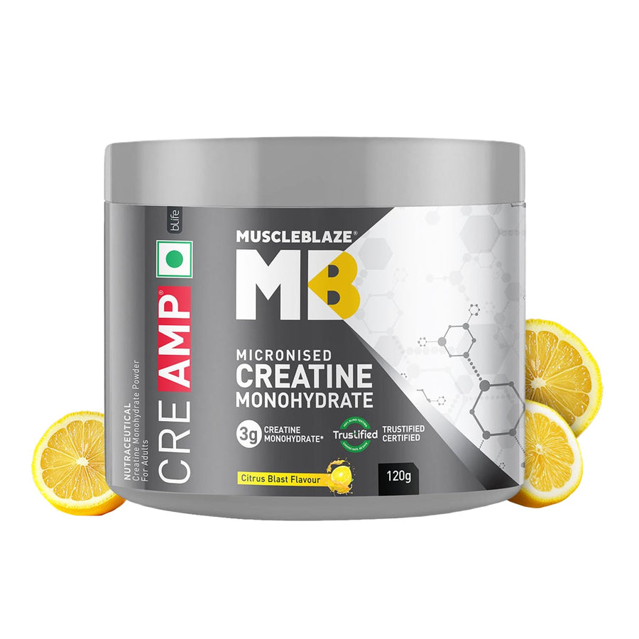 MuscleBlaze CreAMP Micronised Creatine Monohydrate – 120g | Citrus Blast | 30 Servings | 3g Creatine + MB CreAbsorb™ | Trustified Certified | DCD & DHT Free