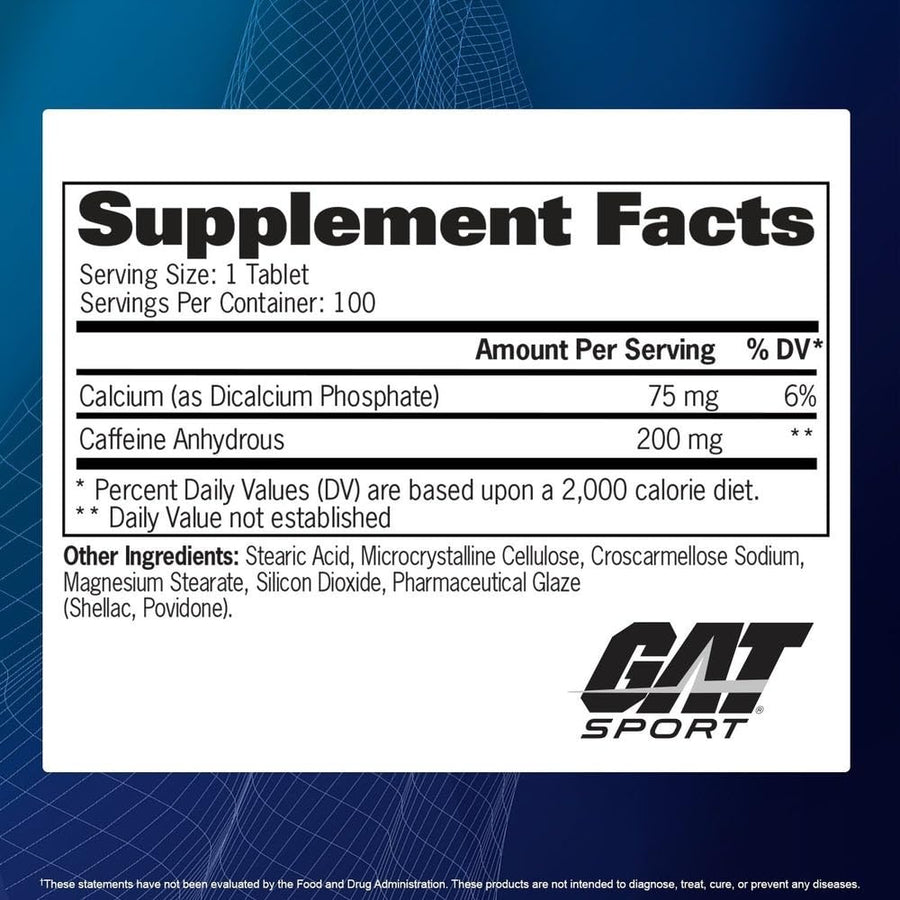 GAT Sport Caffeine Tablets - 100 Tablets | Metabolism and Performance Essentials | Boost Energy & Endurance, Improve Focus