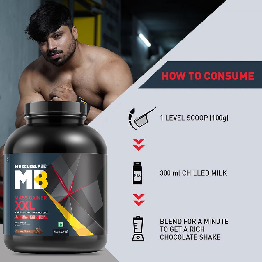 MuscleBlaze Mass Gainer XXL | 3kg (30 Servings) | Chocolate | 18g Protein