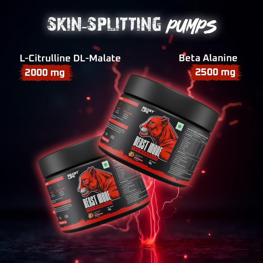 Beastlife Beast Mode Pre Workout – 105g | Fruit Punch | 30 Servings | 200mg Caffeine | 2500mg Beta-Alanine | 2000mg Citrulline | 500mg Betaine | Pump, Energy & Focus