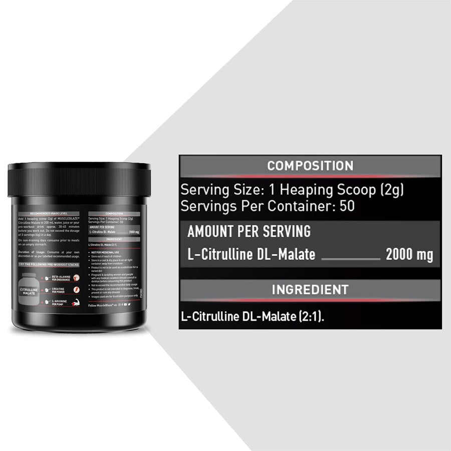 MuscleBlaze Citrulline Malate | 100g (50 Servings) | Unflavoured | Muscle Pump & Endurance