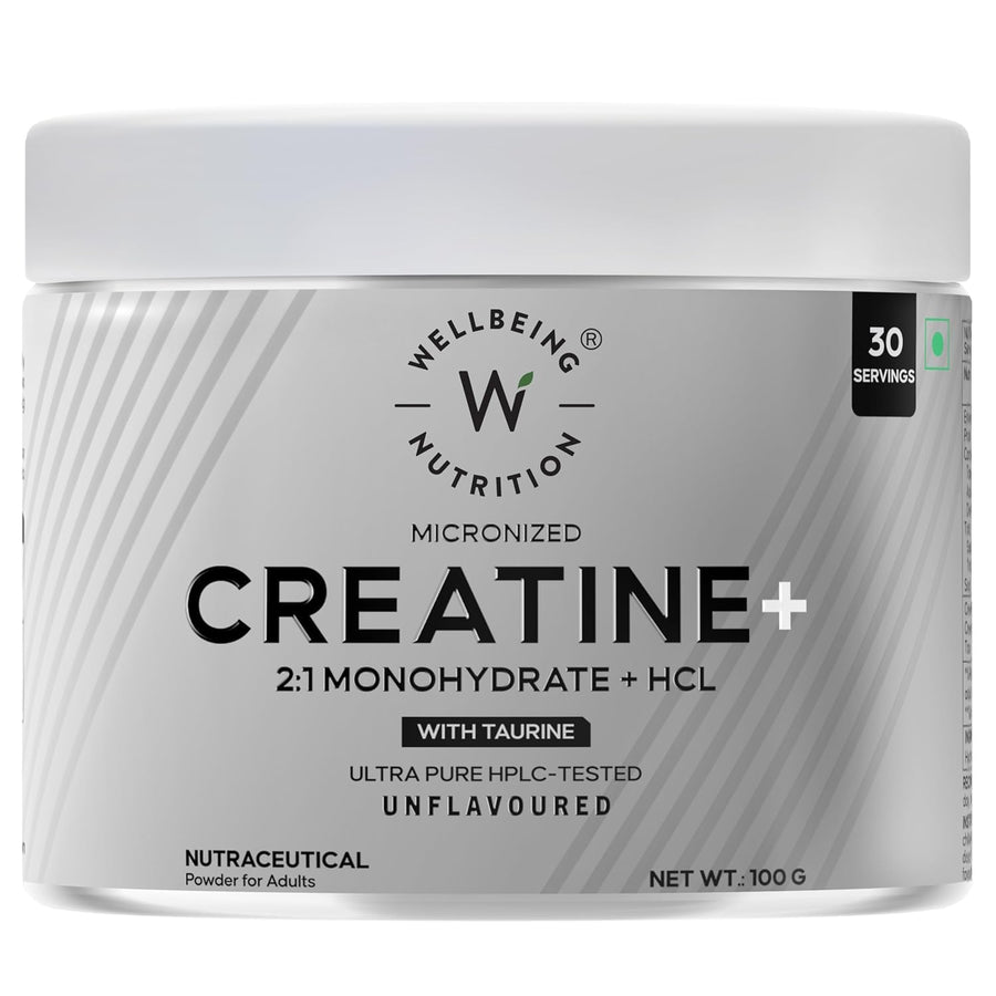 Wellbeing Nutrition Creatine+ – 100g | Unflavoured | 30 Servings | 2:1 Creatine Monohydrate + HCL | 300mg Taurine | HPLC-Tested, Ultra Pure | Micronised for Muscle Strength, Recovery & Cognition