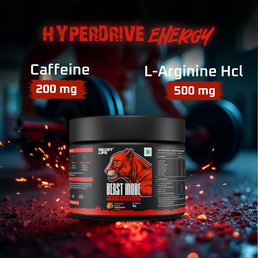 Beastlife Beast Mode Pre Workout – 105g | Fruit Punch | 30 Servings | 200mg Caffeine | 2500mg Beta-Alanine | 2000mg Citrulline | 500mg Betaine | Pump, Energy & Focus