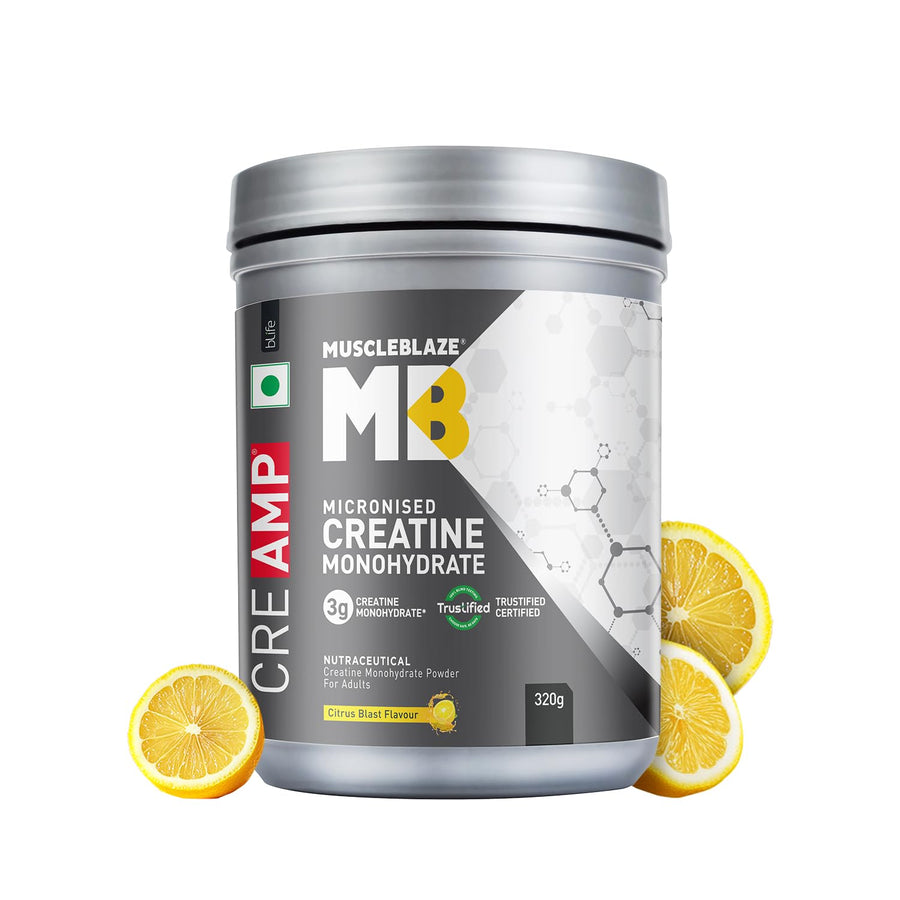 MuscleBlaze CreAMP Creatine Monohydrate | 320g (80 Servings) | Citrus Blast | 4g Creatine