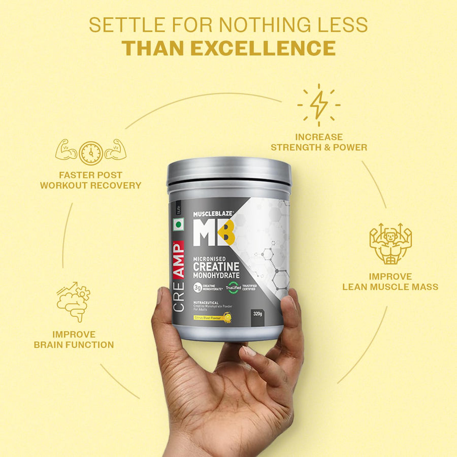 MuscleBlaze CreAMP Creatine Monohydrate | 320g (80 Servings) | Citrus Blast | 4g Creatine