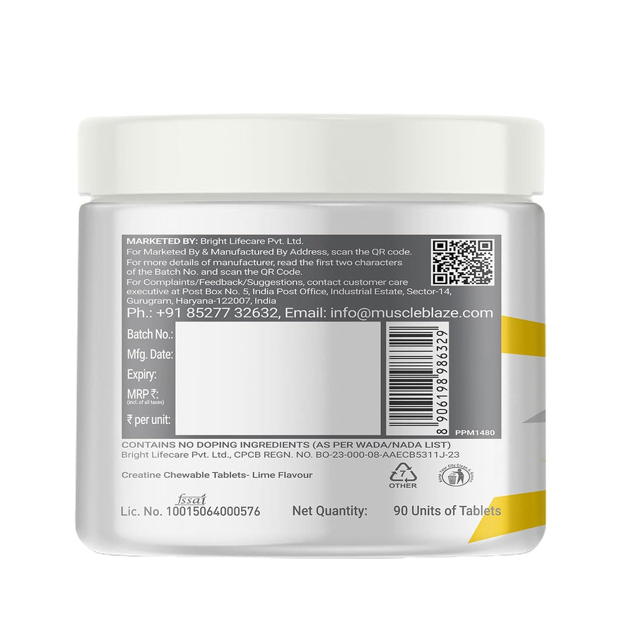 MuscleBlaze Creatine Chews – 90 Tablets | 1g Creatine Per Chew | 3g Daily Dose | No Mixing | 30-Day Supply | Lime