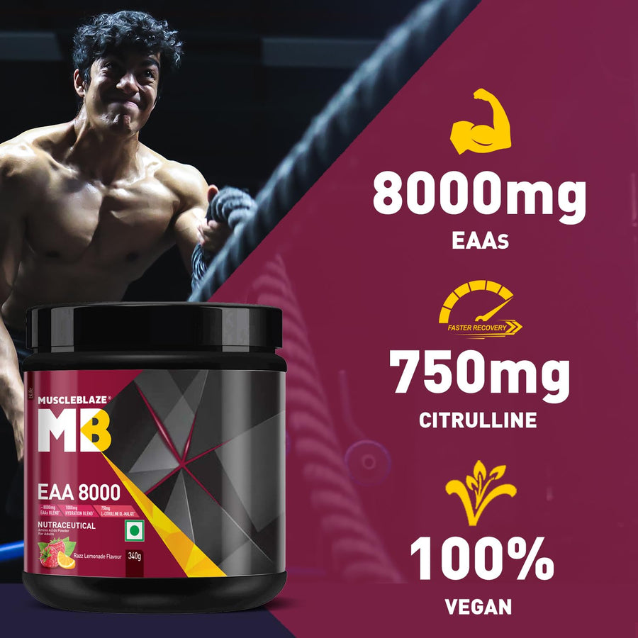 MuscleBlaze EAA 8000 | 340g (25 Servings) | Razz Lemonade | 8000mg EAAs
