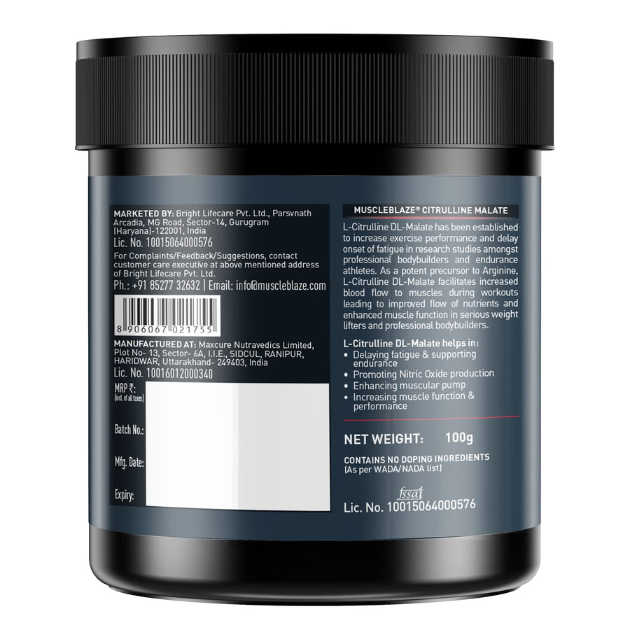MuscleBlaze Citrulline Malate | 100g (50 Servings) | Unflavoured | Muscle Pump & Endurance