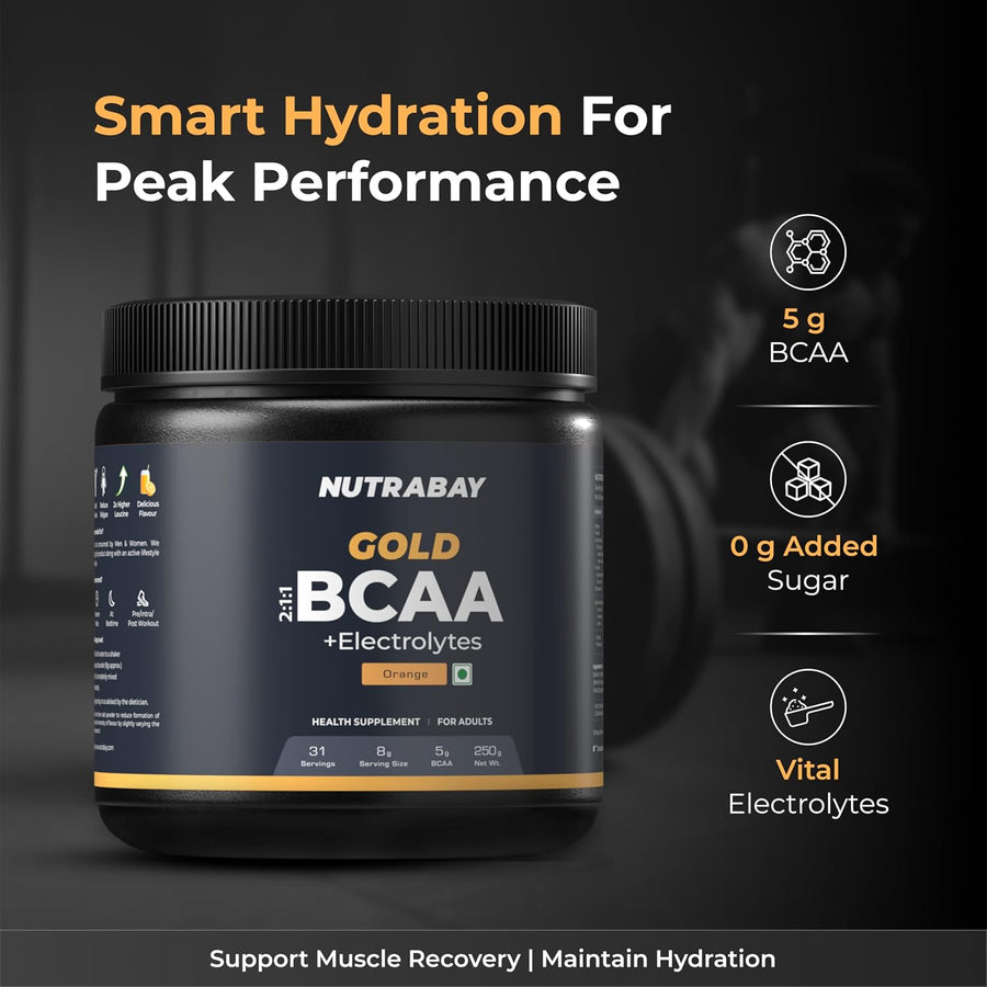 Nutrabay Gold BCAA 2:1:1 with Electrolytes | 250g (31 Servings) Orange 5g BCAA