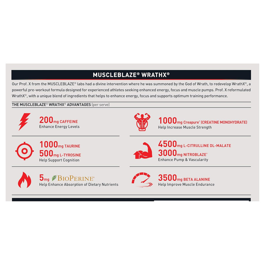 MuscleBlaze Pre Workout WrathX – 540g | Fruit Fury | 30 Servings | 8000mg L-Citrulline | 1500mg NitroBlaze® | 1000mg Creapure® Creatine | 200mg Caffeine + EnXtra® | Trustified Certified, Dope Free