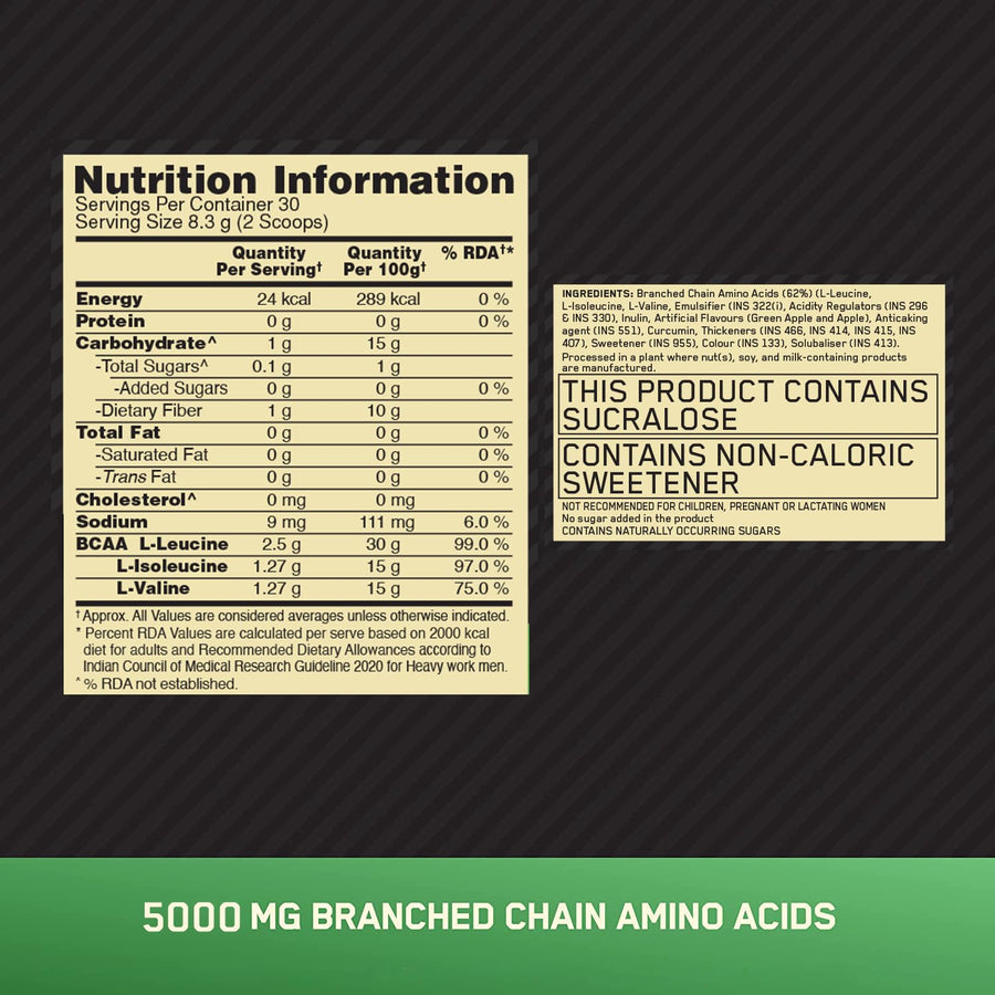 Optimum Nutrition BCAA 5000 Powder | 250g (30 Servings) | Green Apple | 5g BCAAs