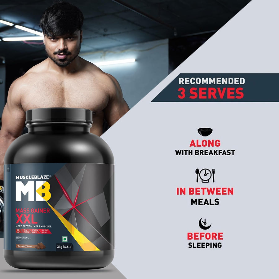 MuscleBlaze Mass Gainer XXL | 3kg (30 Servings) | Chocolate | 18g Protein