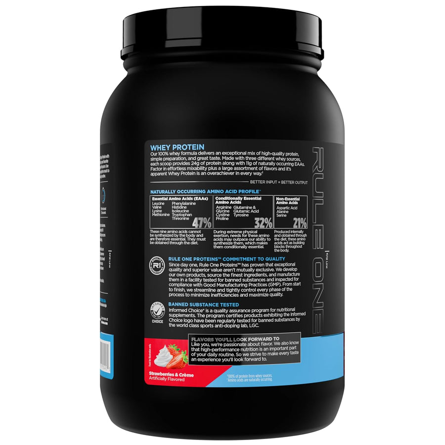Rule1 1 R1 Whey Blend, Strawberries & Creme - 1.96 lbs Powder - 24g Whey Concentrates, Isolates & Hydrolysates with Naturally Occurring EAAs & BCAAs - 27 Servings