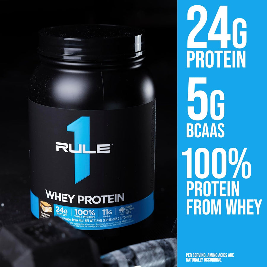 Rule1 1 R1 Whey Blend, Strawberries & Creme - 1.96 lbs Powder - 24g Whey Concentrates, Isolates & Hydrolysates with Naturally Occurring EAAs & BCAAs - 27 Servings