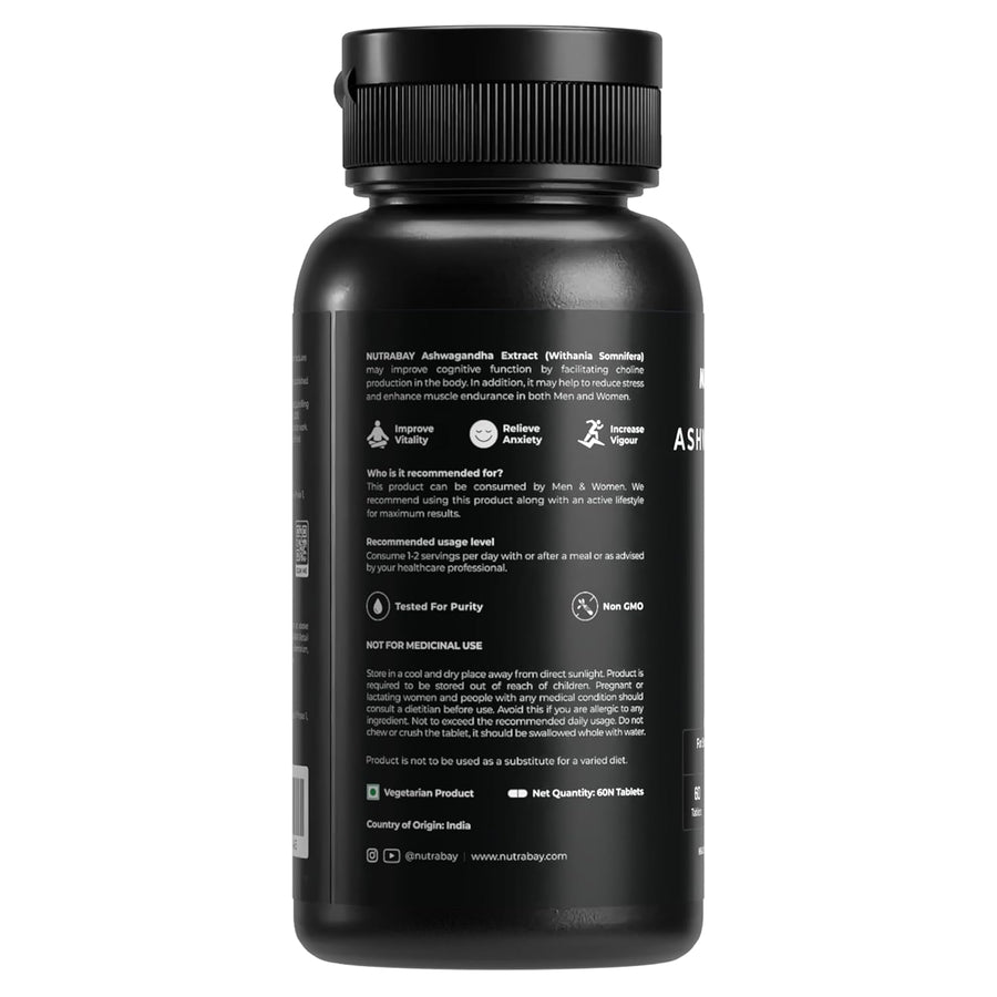 Nutrabay Wellness Ashwagandha Extract Tablet | 1000mg Withania Somnifera | Energy, Stamina, Immunity | Anxiety & Stress Relief | 60 Veg Tablets