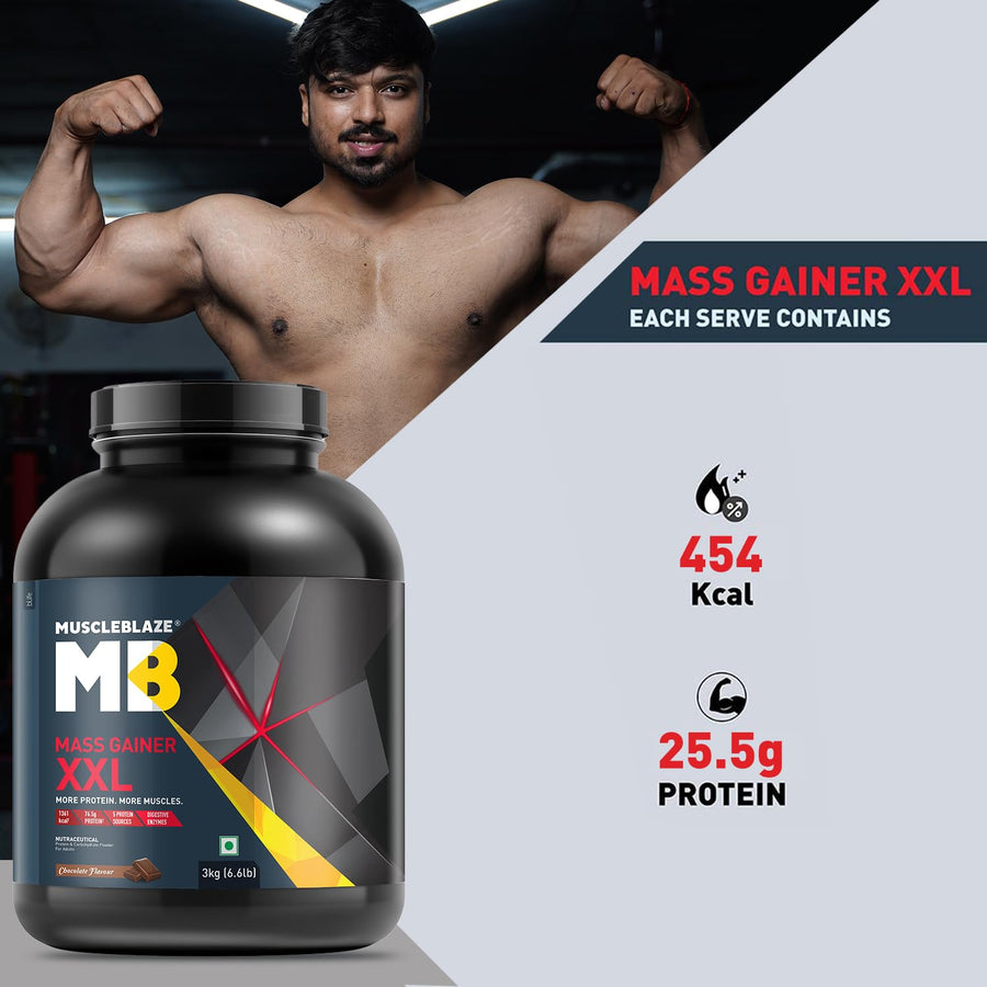 MuscleBlaze Mass Gainer XXL | 3kg (30 Servings) | Chocolate | 18g Protein