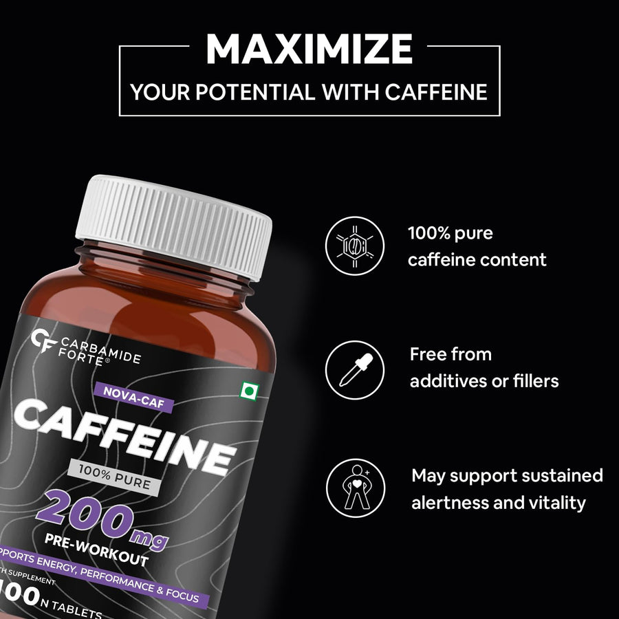 Carbamide Forte Caffeine Tablets | Pre Workout For Men & Women | 200mg Caffeine Pills | 100 Veg Tablets