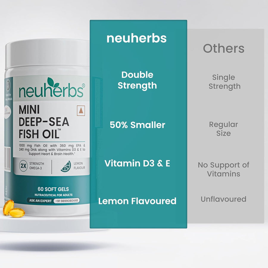 Neuherbs Mini Deep Sea Fish Oil | 1000mg Omega-3 | EPA 360mg & DHA 240mg | Vitamin E & D3 | Heart, Brain, Muscle & Joint Health | Lemon Flavour | 60 Softgels