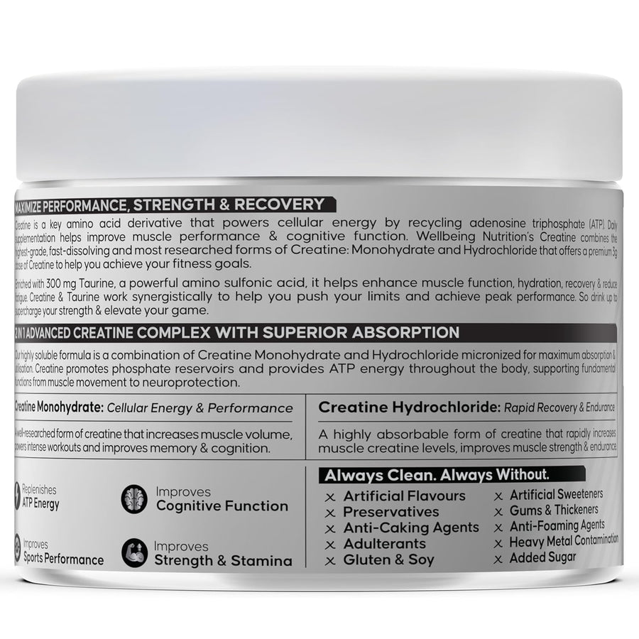 Wellbeing Nutrition Creatine+ – 100g | Unflavoured | 30 Servings | 2:1 Creatine Monohydrate + HCL | 300mg Taurine | HPLC-Tested, Ultra Pure | Micronised for Muscle Strength, Recovery & Cognition