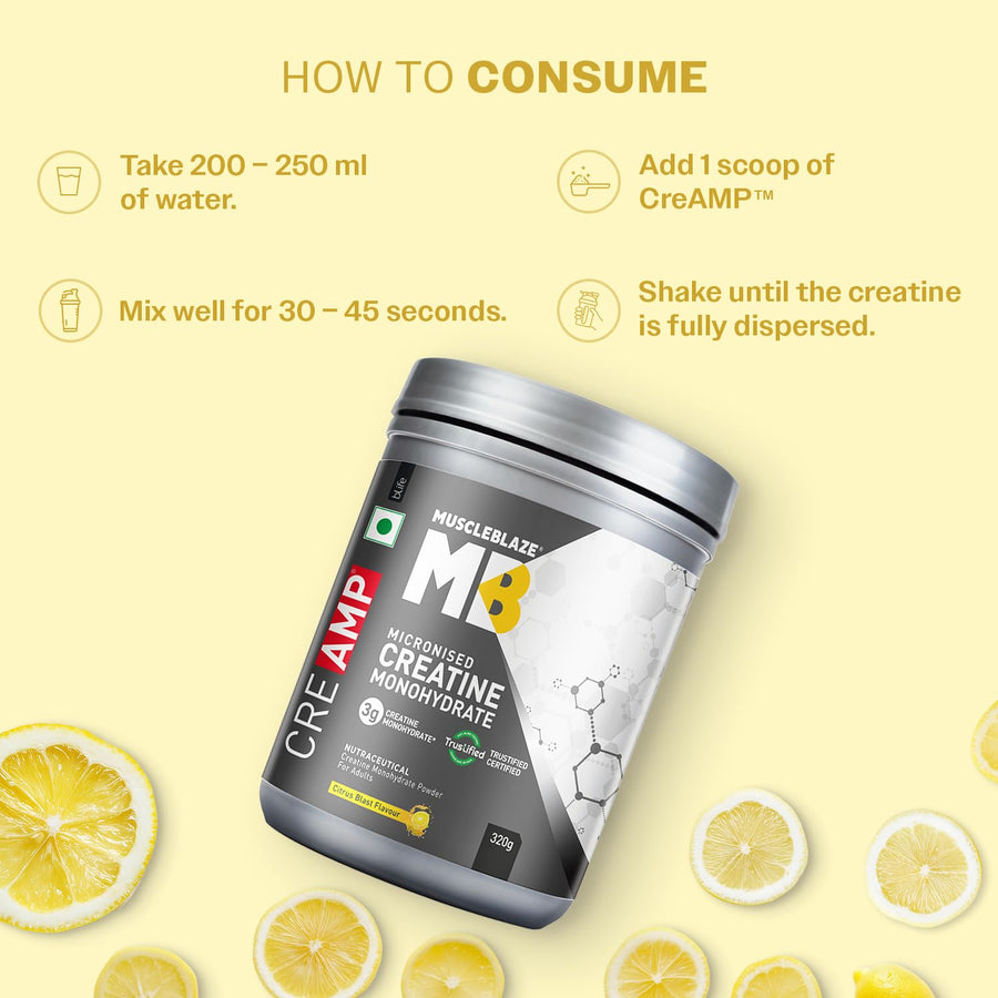 MuscleBlaze CreAMP Creatine Monohydrate | 320g (80 Servings) | Citrus Blast | 4g Creatine