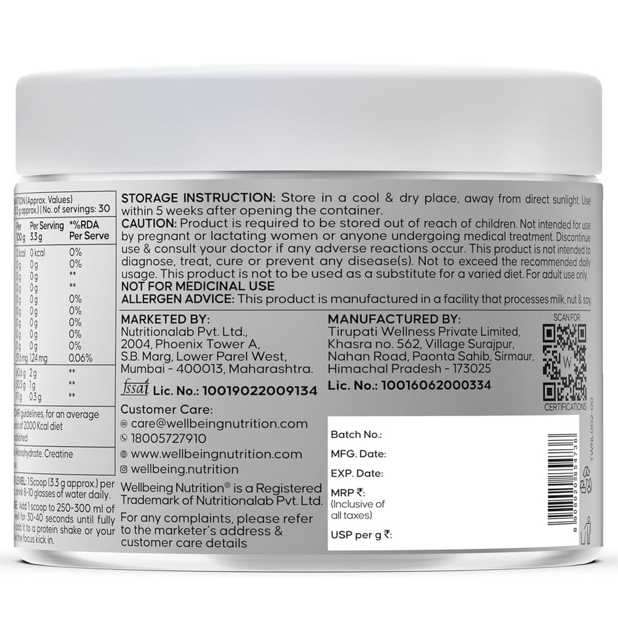 Wellbeing Nutrition Creatine+ – 100g | Unflavoured | 30 Servings | 2:1 Creatine Monohydrate + HCL | 300mg Taurine | HPLC-Tested, Ultra Pure | Micronised for Muscle Strength, Recovery & Cognition