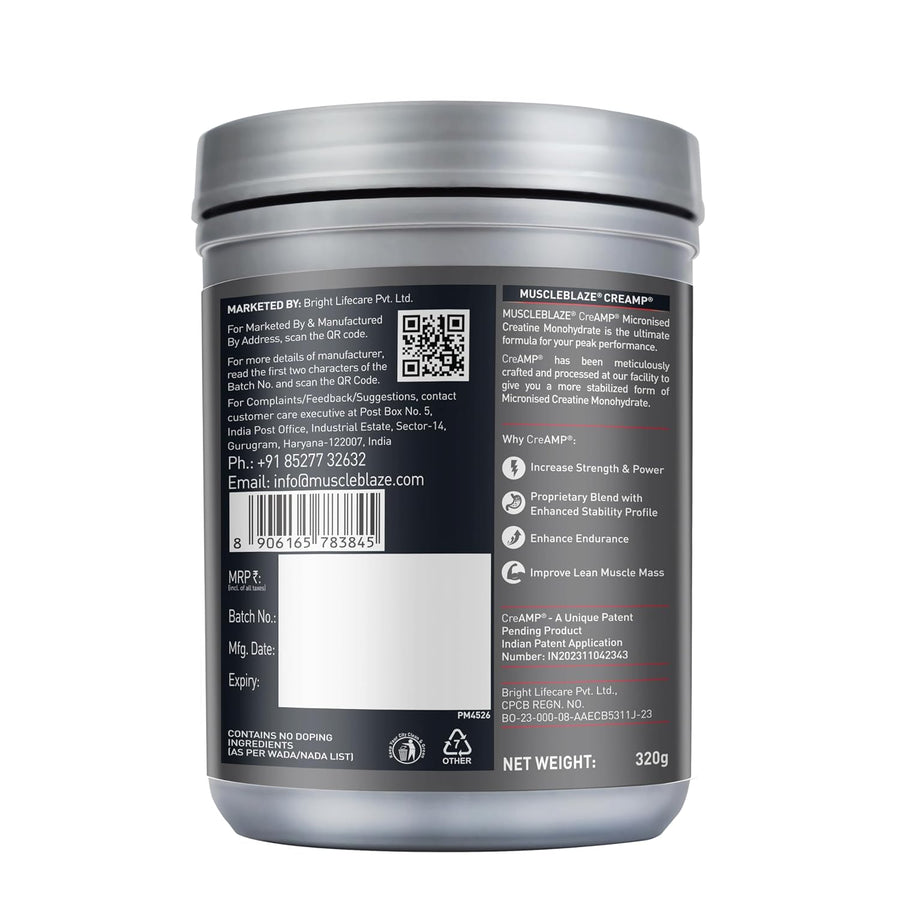 MuscleBlaze CreAMP Creatine Monohydrate | 320g (80 Servings) | Citrus Blast | 4g Creatine
