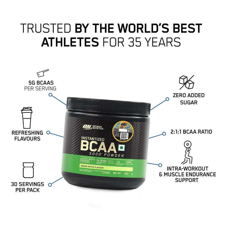 Optimum Nutrition BCAA 5000 Powder | 250g (30 Servings) | Green Apple | 5g BCAAs