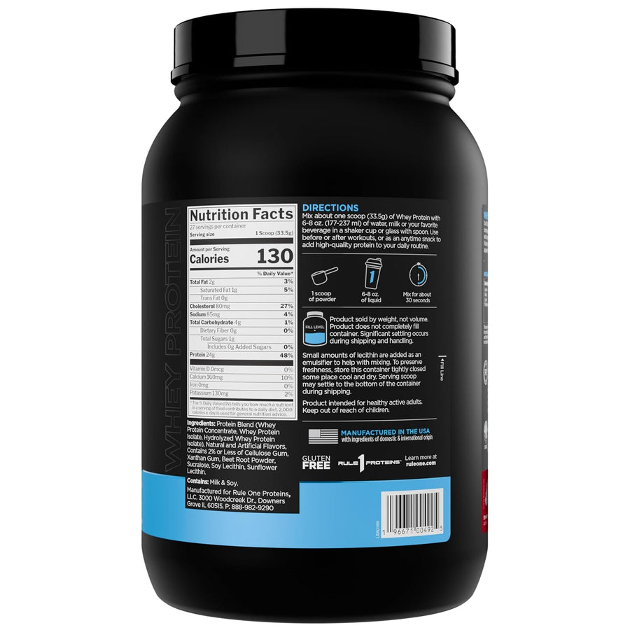 Rule1 1 R1 Whey Blend, Strawberries & Creme - 1.96 lbs Powder - 24g Whey Concentrates, Isolates & Hydrolysates with Naturally Occurring EAAs & BCAAs - 27 Servings