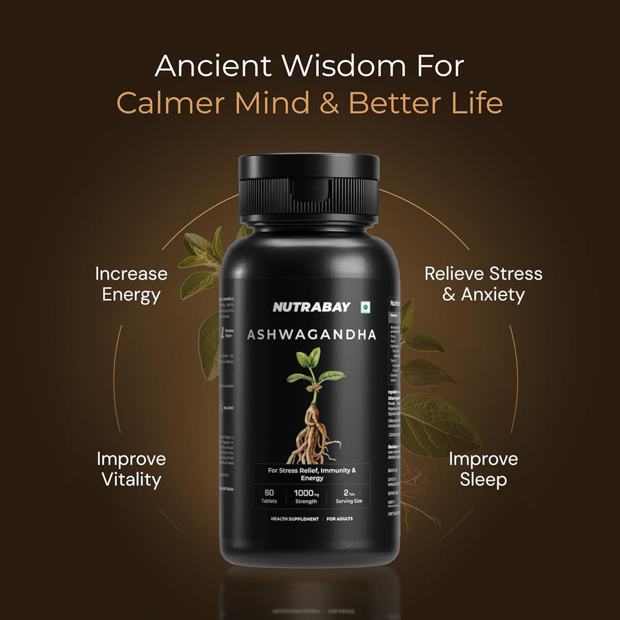 Nutrabay Wellness Ashwagandha Extract Tablet | 1000mg Withania Somnifera | Energy, Stamina, Immunity | Anxiety & Stress Relief | 60 Veg Tablets