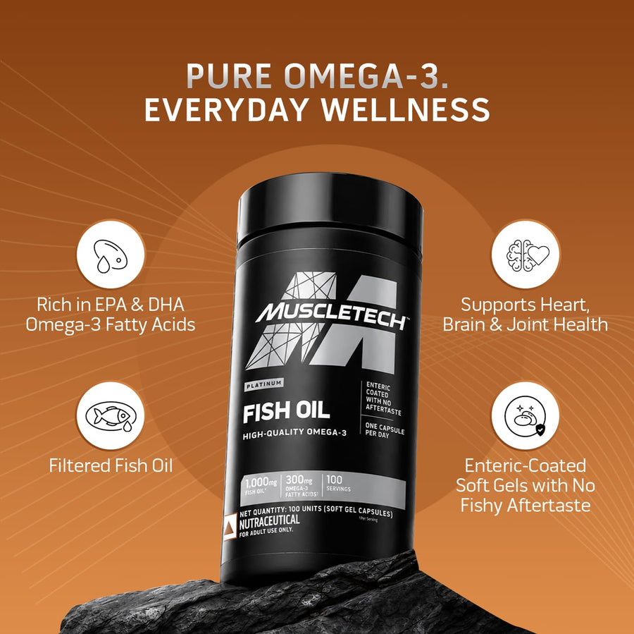 MuscleTech Platinum Fish Oil | 1000mg Omega-3 | 180mg EPA & 120mg DHA | Heart, Joints & Brain Health | 100 Softgels
