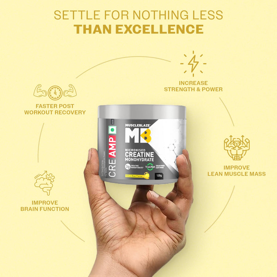MuscleBlaze CreAMP Micronised Creatine Monohydrate – 120g | Citrus Blast | 30 Servings | 3g Creatine + MB CreAbsorb™ | Trustified Certified | DCD & DHT Free