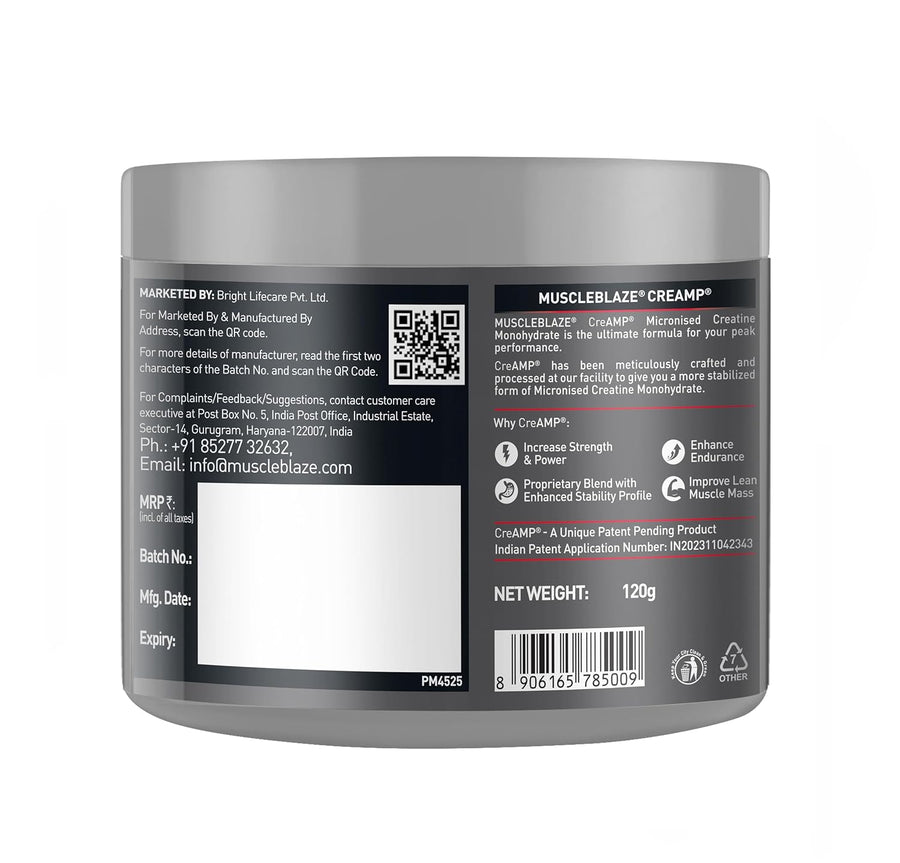MuscleBlaze CreAMP Micronised Creatine Monohydrate – 120g | Citrus Blast | 30 Servings | 3g Creatine + MB CreAbsorb™ | Trustified Certified | DCD & DHT Free