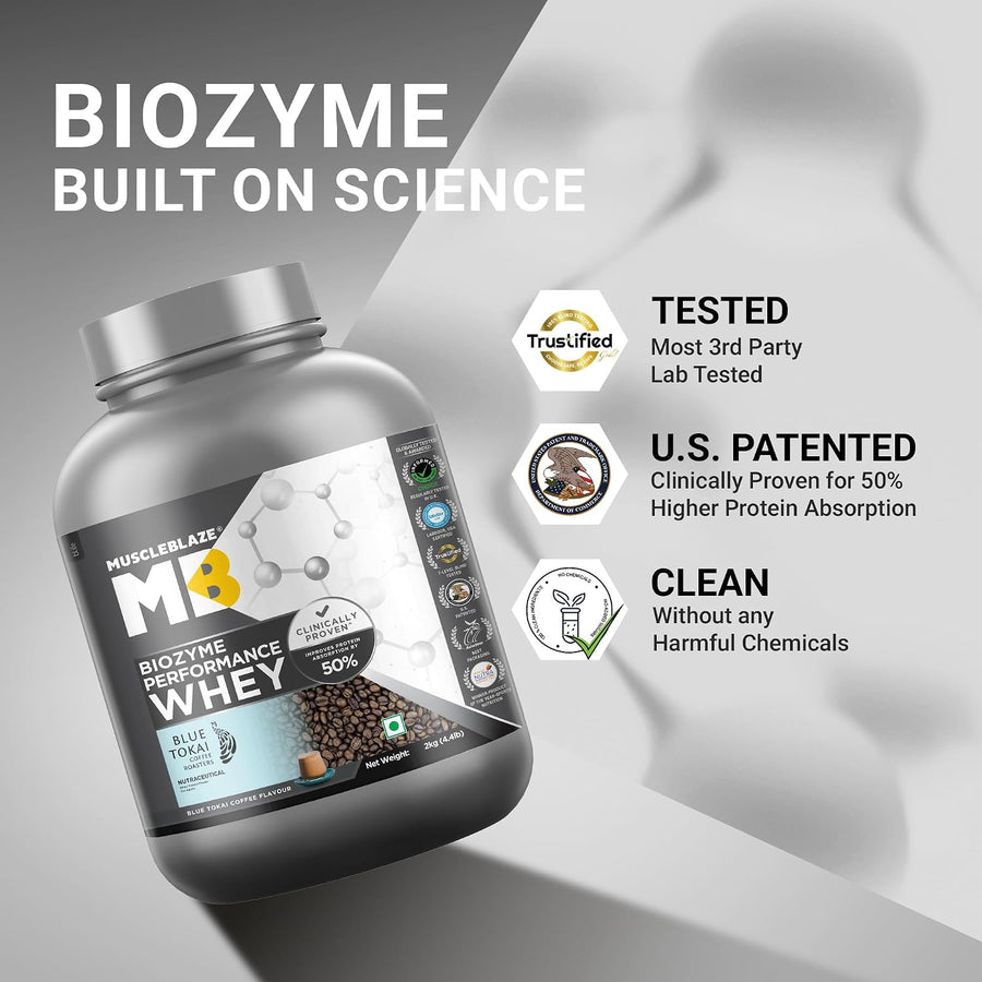 MuscleBlaze Biozyme Performance Whey Protein | 2kg (55 Servings) | Blue Tokai Coffee | 25g Protein