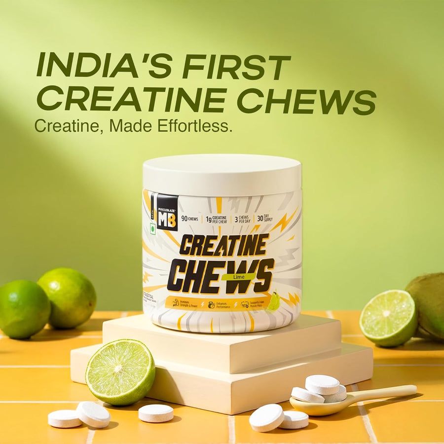 MuscleBlaze Creatine Chews – 90 Tablets | 1g Creatine Per Chew | 3g Daily Dose | No Mixing | 30-Day Supply | Lime