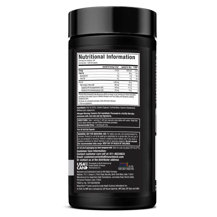MuscleTech Platinum Fish Oil | 1000mg Omega-3 | 180mg EPA & 120mg DHA | Heart, Joints & Brain Health | 100 Softgels