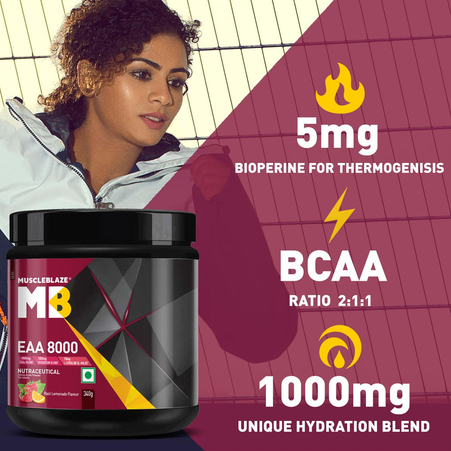 MuscleBlaze EAA 8000 | 340g (25 Servings) | Razz Lemonade | 8000mg EAAs