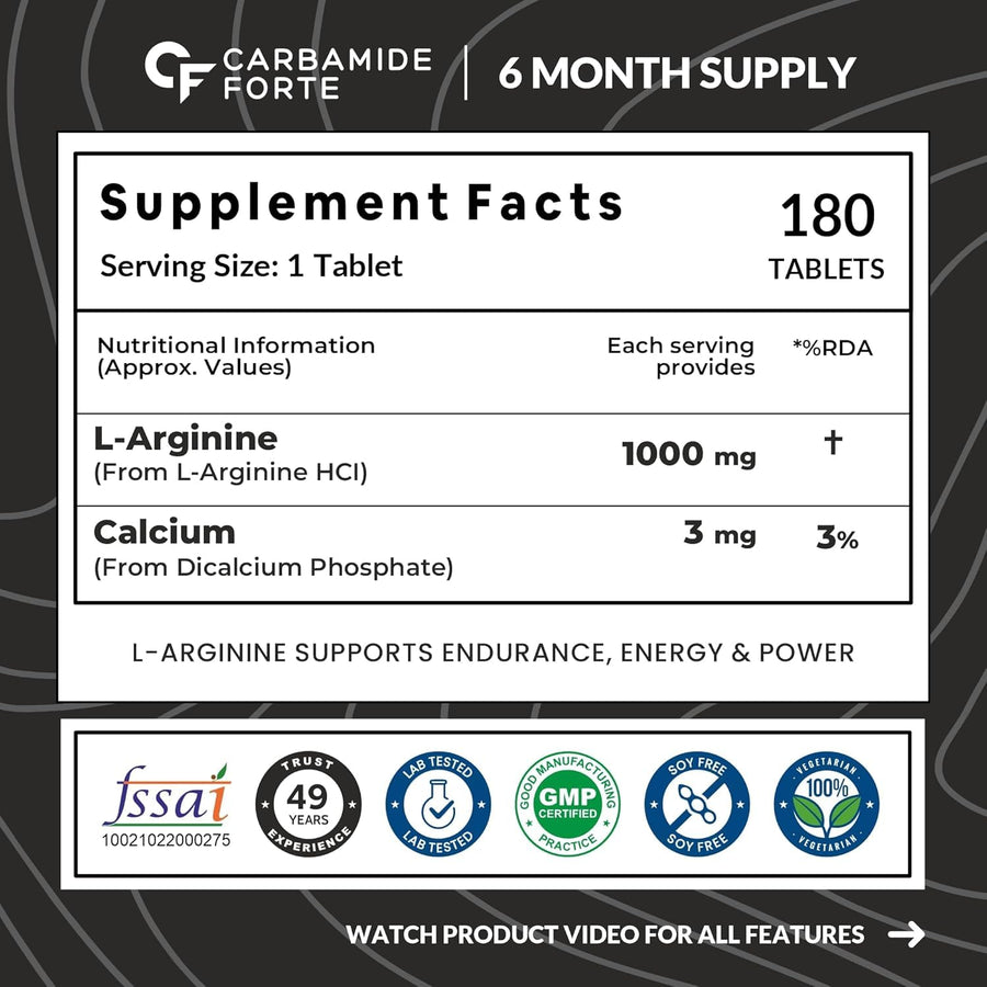 Carbamide Forte L-Arginine 1000mg Tablets - Nitric Oxide Booster - 180 Veg Tablets