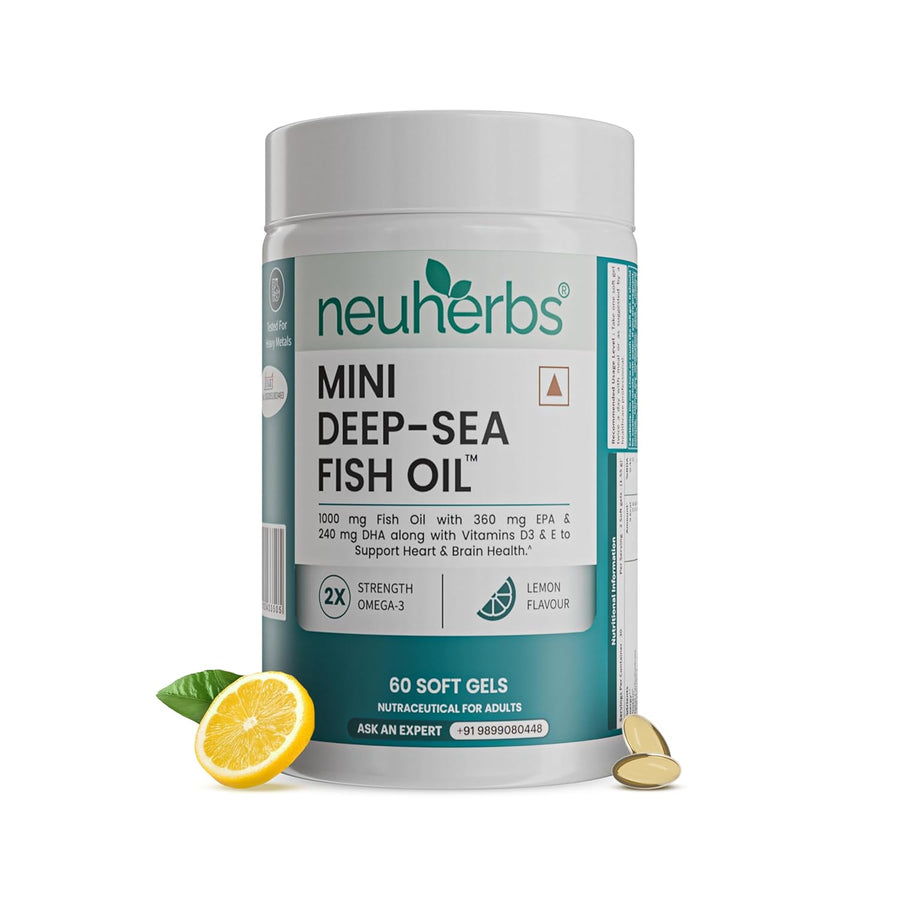Neuherbs Mini Deep Sea Fish Oil | 1000mg Omega-3 | EPA 360mg & DHA 240mg | Vitamin E & D3 | Heart, Brain, Muscle & Joint Health | Lemon Flavour | 60 Softgels