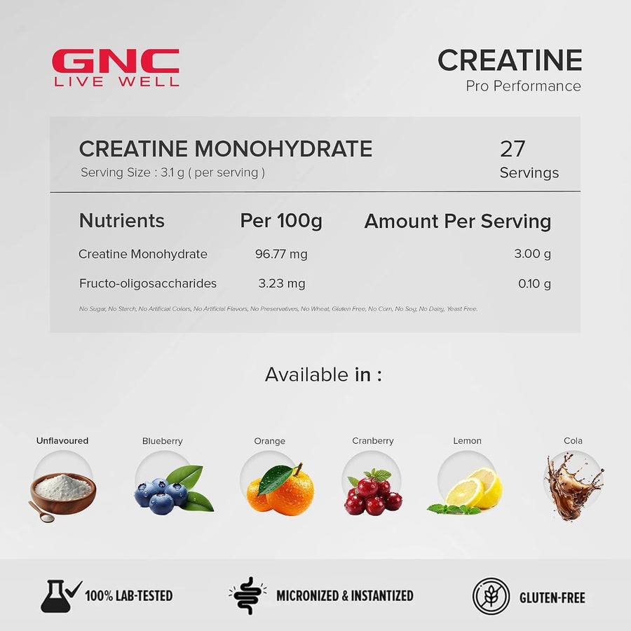 GNC Pro Performance Creatine Monohydrate – 100g | 3000mg Per Scoop | Micronised | Gluten-Free | Trusted Since 1935