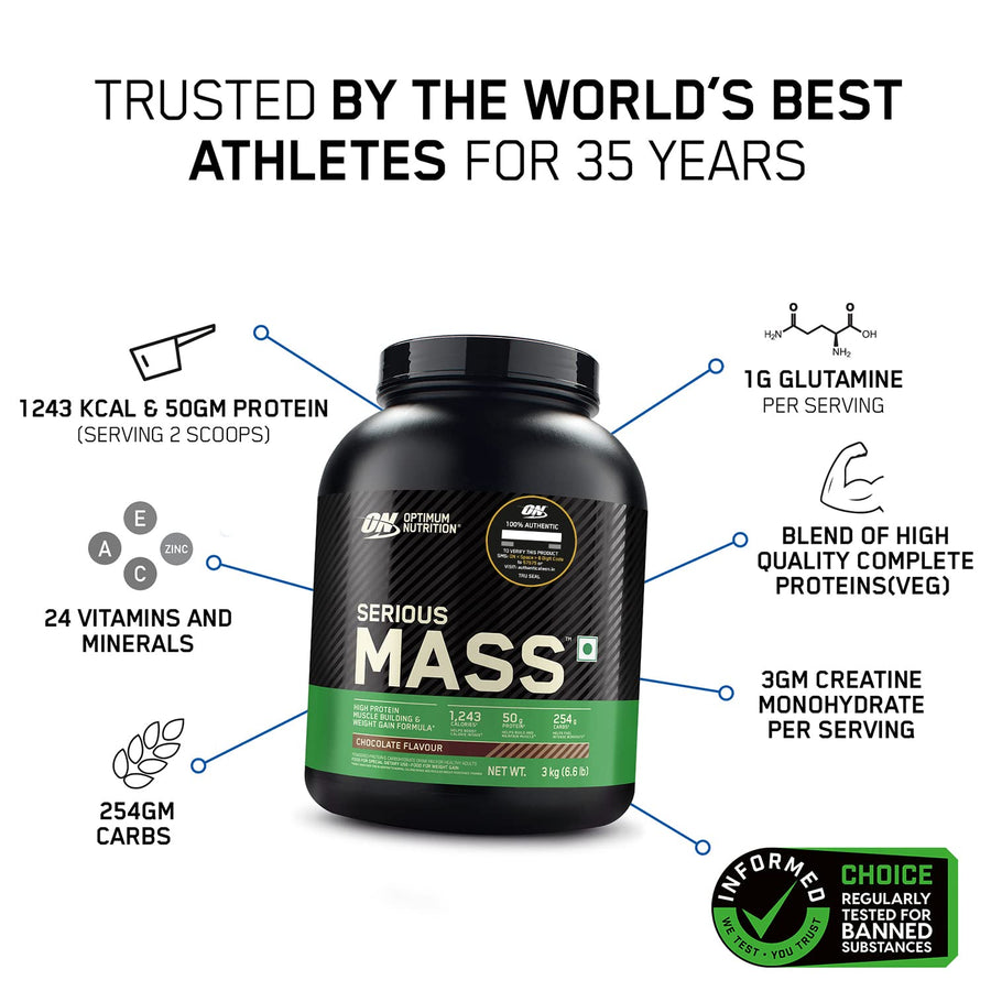Optimum Nutrition Serious Mass | 3kg (9 Servings) | Chocolate | 50g Protein