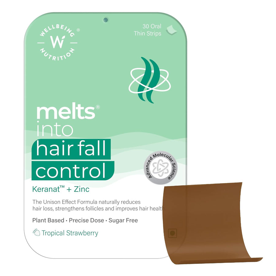 Wellbeing Nutrition Melts Hair Fall Control | Keranat, Zinc & Biotin | DHT Blocker | Nourish Follicles, Improve Volume & Thickness | 30 Oral Strips