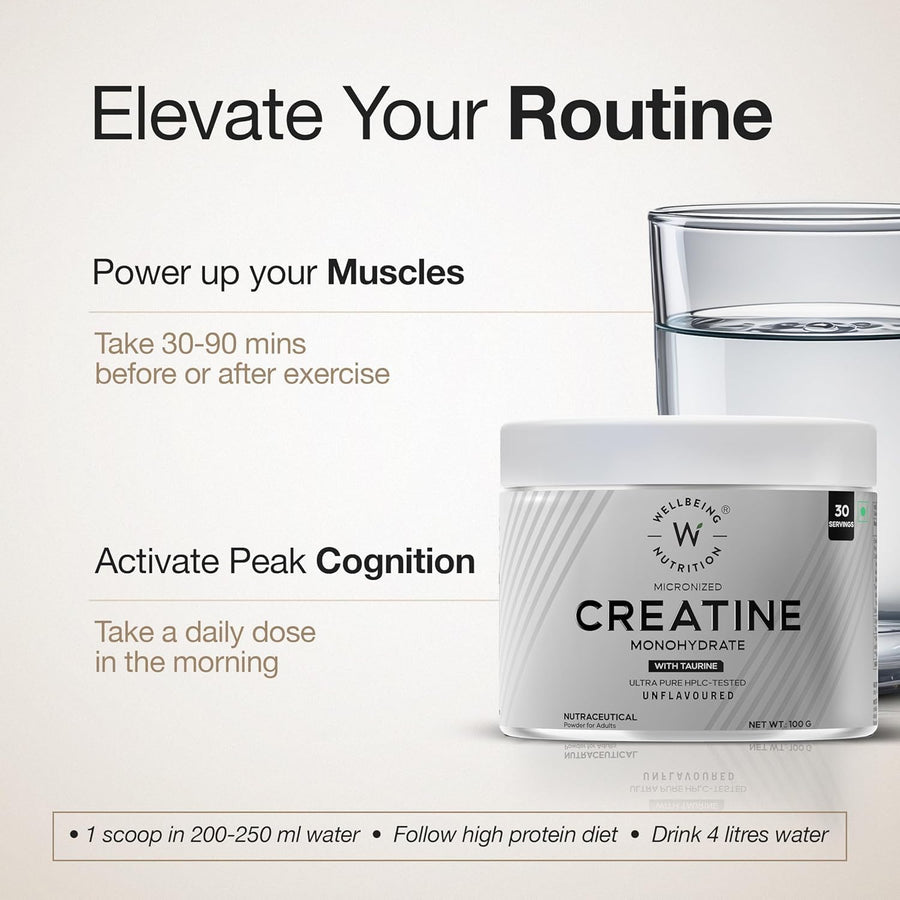 Wellbeing Nutrition Creatine+ – 100g | Unflavoured | 30 Servings | 2:1 Creatine Monohydrate + HCL | 300mg Taurine | HPLC-Tested, Ultra Pure | Micronised for Muscle Strength, Recovery & Cognition