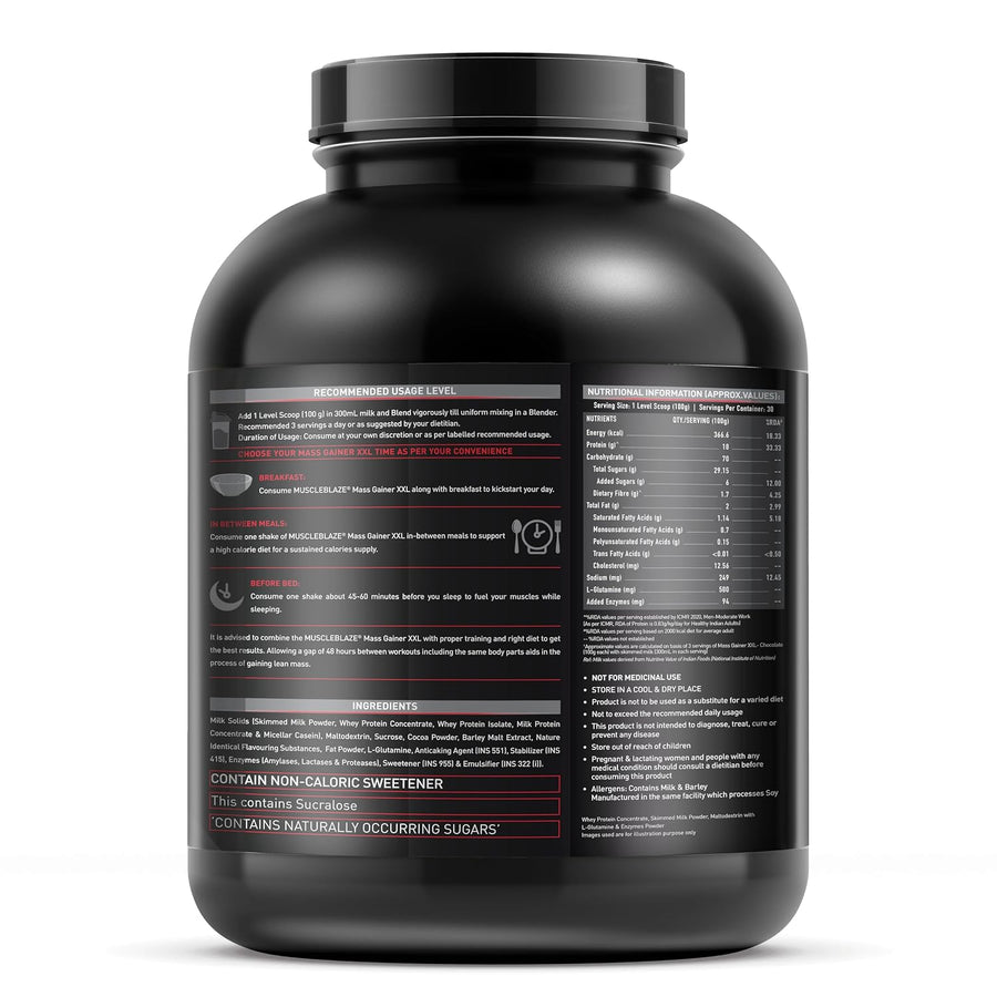 MuscleBlaze Mass Gainer XXL | 3kg (30 Servings) | Chocolate | 18g Protein